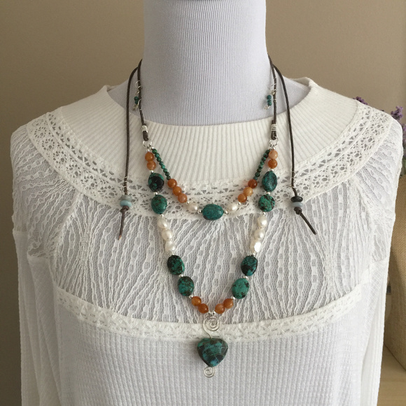 Turquoise, Amber, Pearl, Silver Gemstone Necklace - Picture 7 of 8